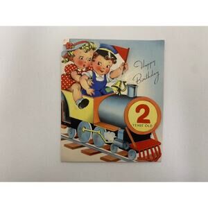 Children on a Toy Train, 2nd Birthday, Greeting Card, USED, Folding, Paper,
